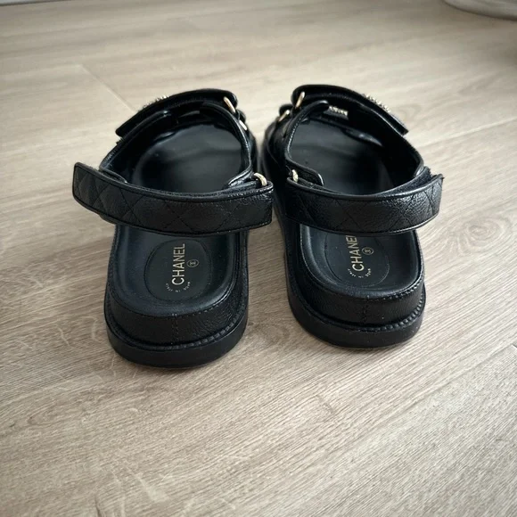 CHANEL Black Leather Logo Sandals - Picture 3 of 5
